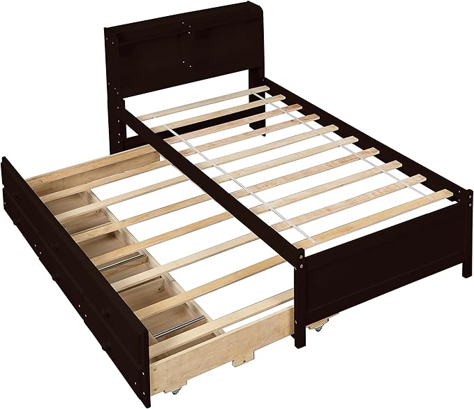 Platform Bed Twin Size with Bookcase Headboard, Trundle and 3 Drawers, Wooden Storage Bedframe for Kids Teens Adults Bedroom - LeafyLoom