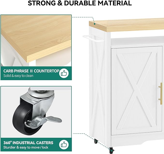 YITAHOME 53 Inch Large Kitchen Island with Power Outlet & Wine Storage, Portable Rolling Islands Cabinet on Wheels Farmhouse w Thick Table Top Drawer Glass Holder Spice Rack, White & Oak - LeafyLoom