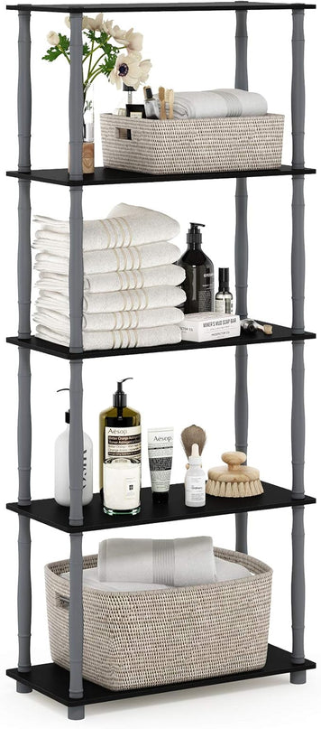 Furinno Turn-N-Tube 5-Tier Multipurpose Shelf / Display Rack / Storage Shelf / Bookshelf, Classic Tubes, Black/Grey - LeafyLoom