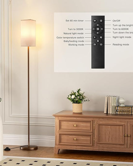Ambimall Remote Control Floor Lamp, Stepless Dimmable, 64 Inches Tall, Include 9W Bulb, Standing Lamp for Living Room Bedroom Office (White & Brown) - LeafyLoom