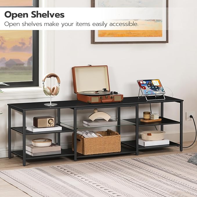 HOOBRO LED TV Stand for 75 Inch TVs with Charging Station, Gaming Entertainment Center with 3-Tier Open Storage, Long 63” Media TV Console Table, TV Stand for Living Room, Bedroom, Black BB21UDDS01 - LeafyLoom