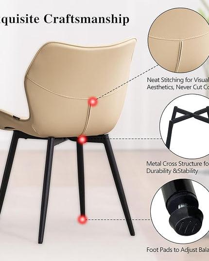 YOUNIKE Dining Chairs Set of 2, Upholstered Faux Leather Kitchen Chairs Dining Room Chairs, Modern Living Room Bedroom Side Chairs with Wide Curved Back and Adjustable Metal Legs, Beige - LeafyLoom