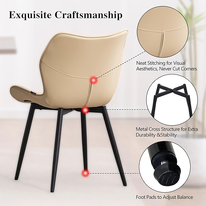 YOUNIKE Dining Chairs Set of 2, Upholstered Faux Leather Kitchen Chairs Dining Room Chairs, Modern Living Room Bedroom Side Chairs with Wide Curved Back and Adjustable Metal Legs, Beige - LeafyLoom