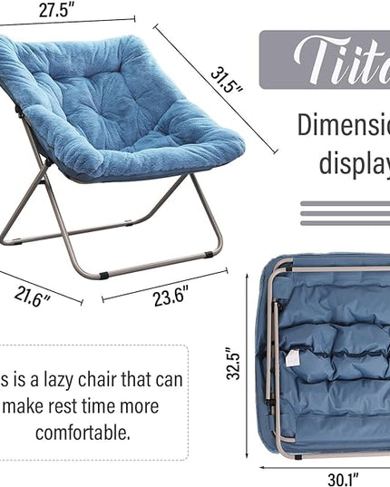 Tiita Comfy Saucer Chair, Soft Faux Fur Oversized Folding Accent Chair, Lounge Lazy Chair for Kids Teens Adults, Metal Frame Moon Chair for Bedroom, Living Room, Dorm Rooms, X-Large, Blue - LeafyLoom