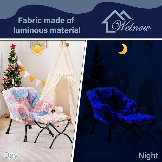 Welnow Toddler Kids Lazy Chair with Ottoman, Glow in The Dark Accent Comfy Lounge Children Armchair Couch with Removable Cover, Detachable Reading Chair with Footrest for Boy or Girl - LeafyLoom