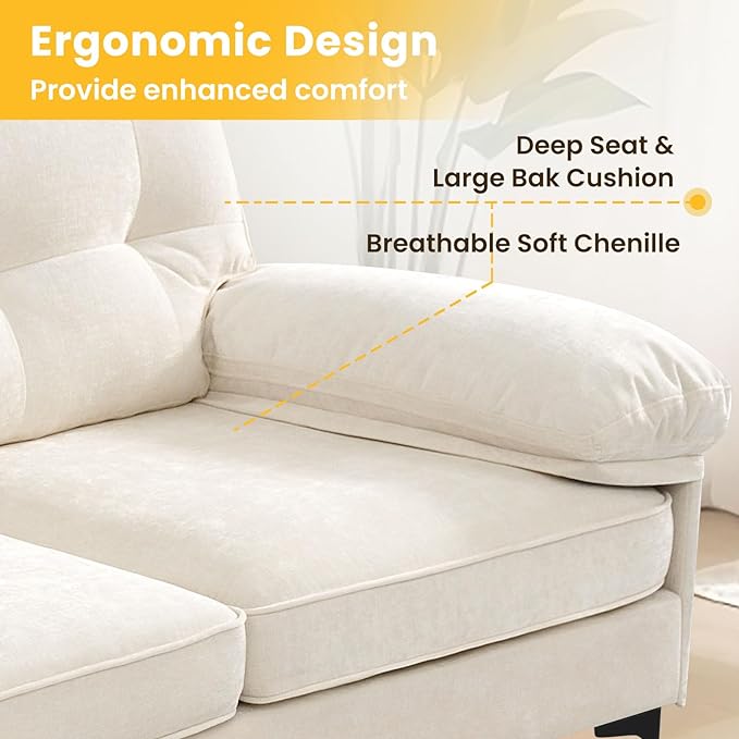 COHOME L-Shaped Couch for Living Room, Chenille Upholstered Couch with Reversible Chaise, Apartment Couch with Deep Seat,Washable Cover,Beige White - LeafyLoom