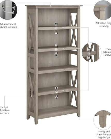 Bush Furniture Key West Tall 5 Shelf Bookcase in Washed Gray - LeafyLoom
