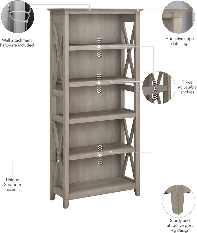 Bush Furniture Key West Tall 5 Shelf Bookcase in Washed Gray - LeafyLoom
