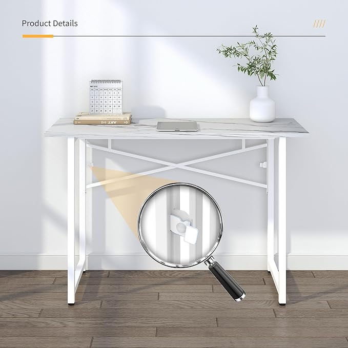 47 inch Folding Desk No Assembly Required, Writing Gaming Computer Camping Table, Home Office Desk, White Marble - LeafyLoom