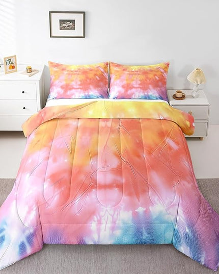 Girls Tie Dye Comforter Set with Pillowcase Trippy Bedding Boho Hippie Psychedelic Gypsy Down Comforter Twin Kids Bed Sets Soft Machine Washable Pastel Duvet Quilt Set, Orange Yellow Pink Purple Blue - LeafyLoom