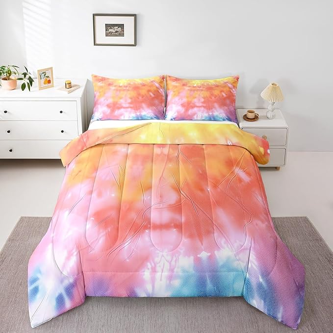 Boho Comforter Set Spiral Tye Dye Pattern 3pc Down Comforter Queen Size Rainbow Bedding Sets with 2 Pillowcases Soft Comfortable Machine Washable,Trippy Psychedelic Gypsy Duvet Quilt Set for Teen Girl - LeafyLoom
