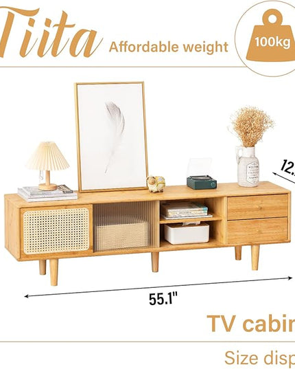 Tiita Rattan TV Stand for 55 60 Inch TV, Bamboo TV Cabinet with 2 Drawers, Boho Entertainment Center with Adjustable Shelf, Mid Century Modern Media Console for Bedroom, Living Room, Study - LeafyLoom