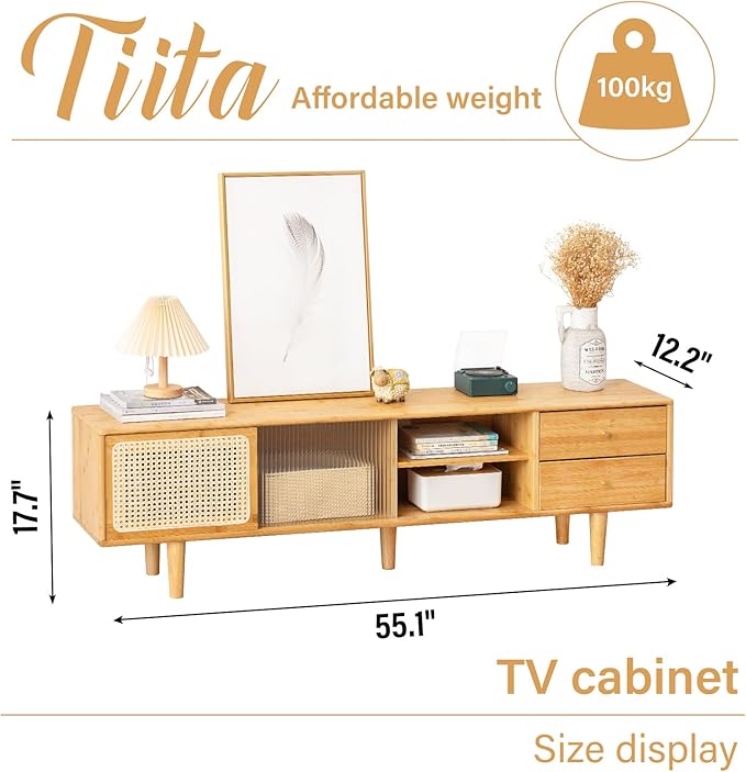 Tiita Rattan TV Stand for 55 60 Inch TV, Bamboo TV Cabinet with 2 Drawers, Boho Entertainment Center with Adjustable Shelf, Mid Century Modern Media Console for Bedroom, Living Room, Study - LeafyLoom