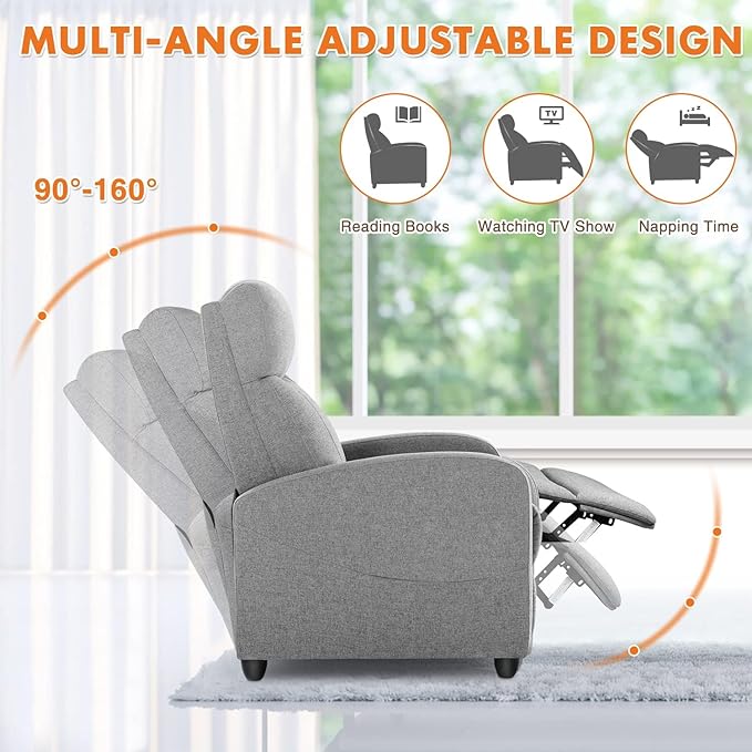Sweetcrispy Recliner Chair for Adults, Massage Fabric Small Recliner Home Theater Seating with Lumbar Support, Adjustable Modern Reclining Chair with Padded Seat Backrest for Living Room (Deep Grey) - LeafyLoom
