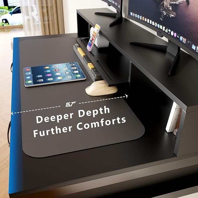 Computer Desk with Drawers, 47" Home Office Desk with Monitor Shelf, Writing Desk with Storage, Gaming Desk Work Desk Study Desk for Bedroom, Black - LeafyLoom