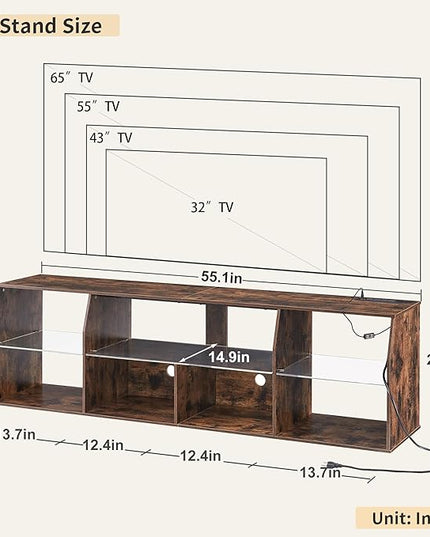VECELO LED TV Stand with Lights & Power Outlet for 55 inch Gaming Entertainment Center with 7 Open Storage Shelves, Industrial Television Cabinet for Living Room, Bedroom, Retro Brown, 55inch - LeafyLoom