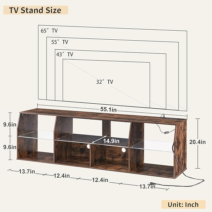 VECELO LED TV Stand with Lights & Power Outlet for 55 inch Gaming Entertainment Center with 7 Open Storage Shelves, Industrial Television Cabinet for Living Room, Bedroom, Retro Brown, 55inch - LeafyLoom