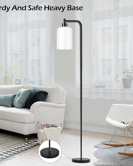 QiMH Floor Lamps for Living Room, Modern LED Standing Reading Light for Bedroom with Glass Shade, Tall Industrial 3 Colors Dimmable Pole Lamp with Foot Control for Home Office Corner Decor (Black) - LeafyLoom