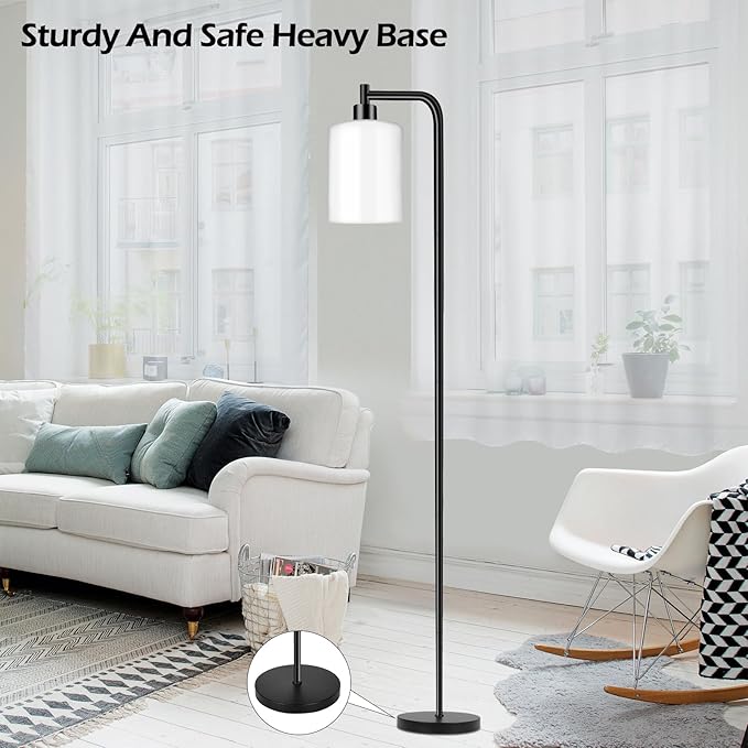 QiMH Floor Lamps for Living Room, Modern LED Standing Reading Light for Bedroom with Glass Shade, Tall Industrial 3 Colors Dimmable Pole Lamp with Foot Control for Home Office Corner Decor (Black) - LeafyLoom