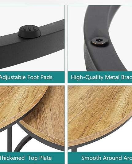 Nesting Coffee Table Set of 2, 27.6" Round Coffee Table Wood Grain Top with Adjustable Non-Slip Feet, Industrial End Table Side Tables for Living Room Bedroom Balcony Yard - LeafyLoom