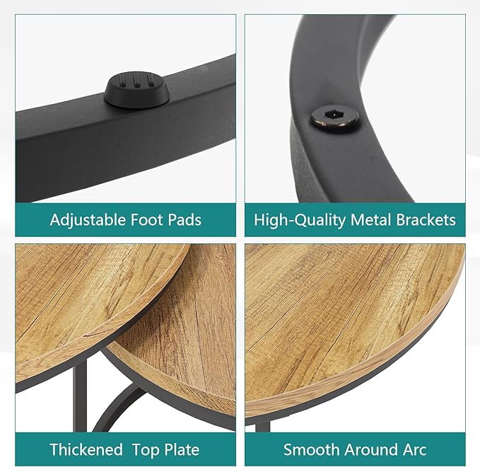 Nesting Coffee Table Set of 2, 27.6" Round Coffee Table Wood Grain Top with Adjustable Non-Slip Feet, Industrial End Table Side Tables for Living Room Bedroom Balcony Yard - LeafyLoom