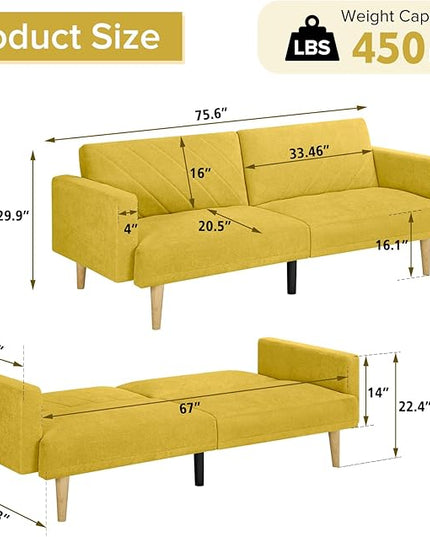 Folding Futon Sofa Tapered Wood Legs,Modern Space Saving Couch,Easily Converts to Single Bed,Easy Assembly,Multi-Functional Loveseat Ideal for Small Home Living Room,Yellow, 76" - LeafyLoom