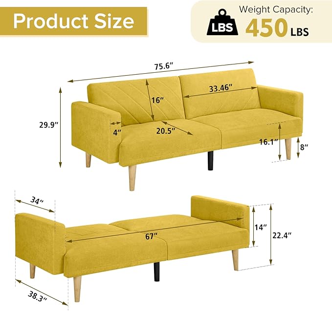 Folding Futon Sofa Tapered Wood Legs,Modern Space Saving Couch,Easily Converts to Single Bed,Easy Assembly,Multi-Functional Loveseat Ideal for Small Home Living Room,Yellow, 76" - LeafyLoom