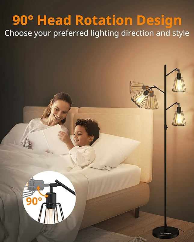 LEPOWER Tree Floor Lamp, Industrial Floor Lamps for Living Room with Multi Head, Dimmable Floor Lamp, LED Standing lamp Edison Bulbs, Pole Tall Lamp for Bedroom Office Black - LeafyLoom