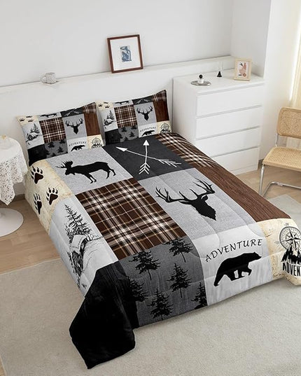 Deer Antler Comforter Set Full Size,Bear Paw Pine Trees Rustic Farmhouse Bedding Set for Boys Girls Adults Room Decor,Geometric Plaids Arrows Down Comforter,Brown Retro Duvet Insert,2 Pillowcases - LeafyLoom