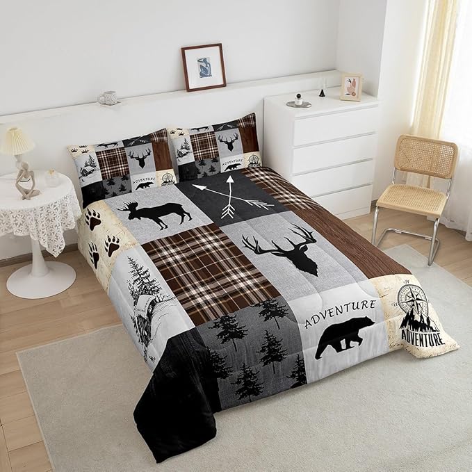 Deer Antler Comforter Set Full Size,Bear Paw Pine Trees Rustic Farmhouse Bedding Set for Boys Girls Adults Room Decor,Geometric Plaids Arrows Down Comforter,Brown Retro Duvet Insert,2 Pillowcases - LeafyLoom