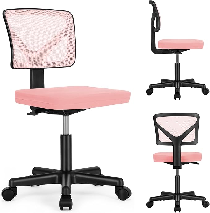 Sweetcrispy Office Computer Desk Chair, Ergonomic Low-Back Mesh Rolling Work Swivel Chairs with Wheels, Armless Comfortable Seat Lumbar Support for Home,Bedroom,Study,Student,Adults, Pink - LeafyLoom