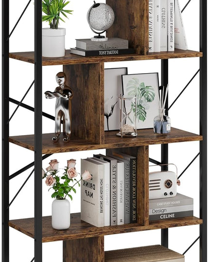 5 Tier Bookshelf with Storage, 61 Inch Tall Industrial Book Shelf with Open Display Bookshelves, 5 Shelf Bookcase with Metal Frame for Living Room, Bedroom and Home Office-Rustic Brown - LeafyLoom