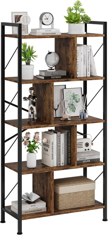5 Tier Bookshelf with Storage, 61 Inch Tall Industrial Book Shelf with Open Display Bookshelves, 5 Shelf Bookcase with Metal Frame for Living Room, Bedroom and Home Office-Rustic Brown - LeafyLoom