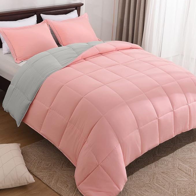 Basic Beyond Queen Comforter Set - Fluffy Comforter Queen Set for All Seasons - Reversible Pink Comforter Set Queen for Mens - 3 Pieces (1 Comforter + 2 Pillow Shams) - Pink/Grey - LeafyLoom