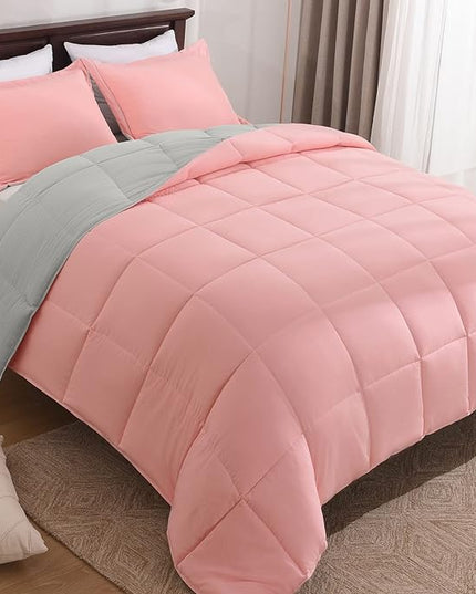 Basic Beyond King Size Comforter Set - Fluffy King Bed Comforter Set for All Seasons - Reversible Pink and Grey Comforter Set King - 3 Pieces (1 Comforter + 2 Pillow Shams) - LeafyLoom
