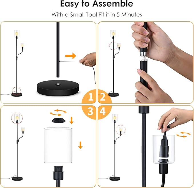 BoostArea Floor Lamp, 6W Black Modern Floor Lamp with 4W Adjustable Reading Lamp, 2700K Energy-Saving LED Bulbs Included, Industrial Bright Floor Lamp for Bedroom, Living Room and Office - LeafyLoom