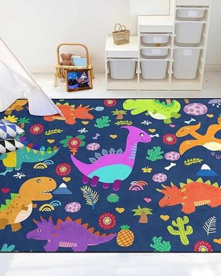 Dinosaur Rugs for Boys Bedroom Dinosaur Play Rug Kids Room Rug Dinosaur Area Rug Cartoon Dinosaur Carpet Cute Dinosaur Mat Dinosaur Rug for Living Room Bedroom Playroom, Blue 2'5''×4' - LeafyLoom