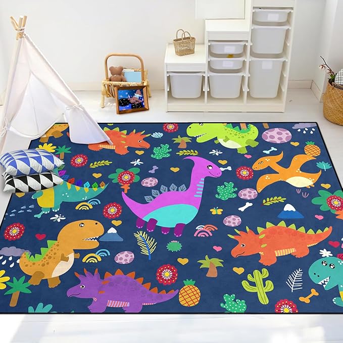 Dinosaur Rugs for Boys Bedroom Dinosaur Play Rug Kids Room Rug Dinosaur Area Rug Cartoon Dinosaur Carpet Cute Dinosaur Mat Dinosaur Rug for Living Room Bedroom Playroom, Blue 3'×5' - LeafyLoom
