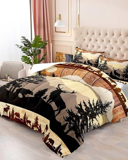 LUVIVIHOME 3PCS Black Bear Deer Comforter Set, Brown Full Size Comforter, Pine Tree Woodland Forest Animal Elk Moose Wildlife Hunting Cabin Lodge Country Rustic Farmhouse Bedding Quilt, 2 Pillow Shams - LeafyLoom