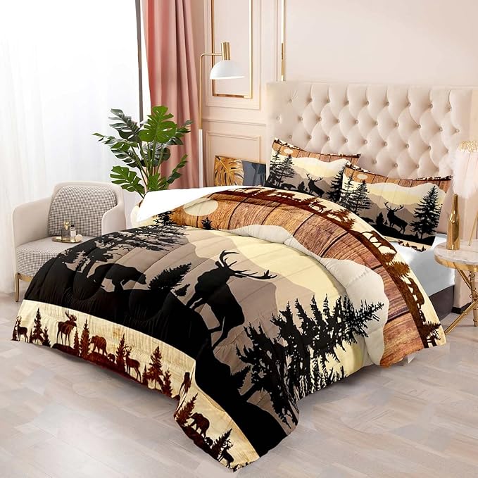 LUVIVIHOME 3PCS Black Bear Deer Comforter Set, Brown Full Size Comforter, Pine Tree Woodland Forest Animal Elk Moose Wildlife Hunting Cabin Lodge Country Rustic Farmhouse Bedding Quilt, 2 Pillow Shams - LeafyLoom
