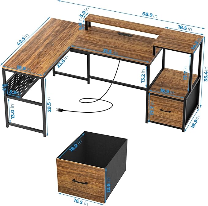 GreenForest 69 inch L Shaped Computer Desk with Drawers and Printer Stand, Gaming Desk with Power Outlet, Monitor Shelf, Storage Shelves and Hooks for Home Office Working, Writing, Studying, Walnut - LeafyLoom