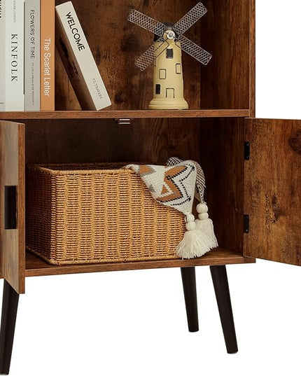 usikey 48.4" H Boho Bookcase, Retro Bookshelf with Doors & 2-Tier Shlef, Mid-Century Modern Storage Cabinet for Bedroom, Study, Living Room, Office, Library, Brown - LeafyLoom