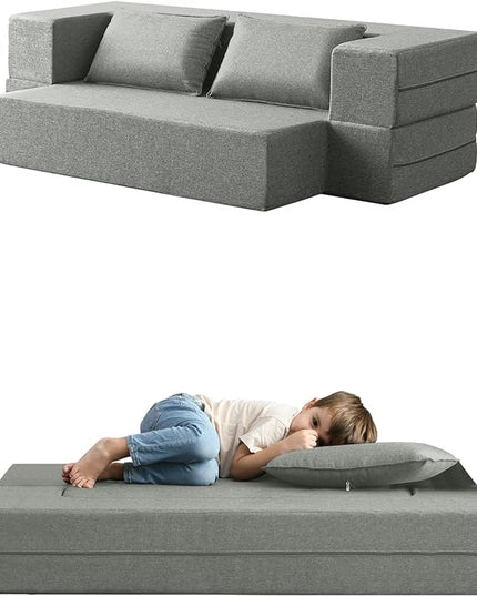 Convertible Folding Sofa - Modern Linen Fabric Coffee Table, Foldable Floor & Futon Couch, Space-Saving Chair with Pillow for Living Room/Dorm/Guest Room/Home Office/Apartment,Twin,Pale Gray - LeafyLoom