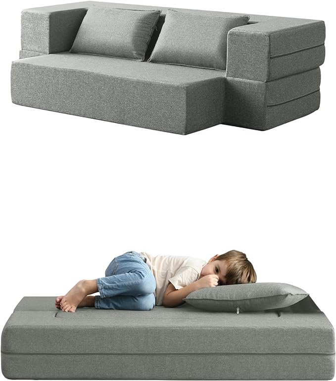 Convertible Folding Sofa - Modern Linen Fabric Coffee Table, Foldable Floor & Futon Couch, Space-Saving Chair with Pillow for Living Room/Dorm/Guest Room/Home Office/Apartment,Twin,Pale Gray - LeafyLoom
