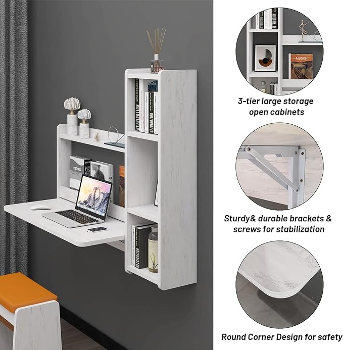 Pmnianhua Floating Desk,41'' Wall Mounted Desk Fold Down Laptop Desk Folding Space Saving Table Workstation with Storage Shelves for Bedroom Study Room Small Space (Off White-Right) - LeafyLoom