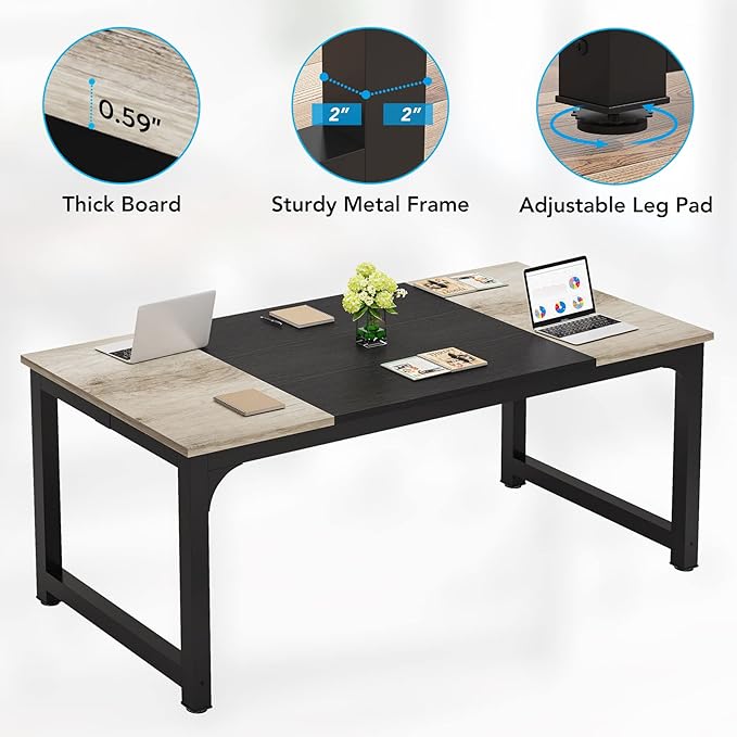 70.8 Inch X-Large Executive Computer office desk, Grey+Black - LeafyLoom