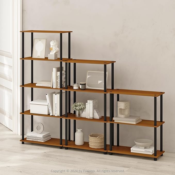 Furinno Turn-N-Tube 5-Tier Multipurpose Compact Display Rack, Shelving Unit, Bookcase, Light Cherry/Black - LeafyLoom