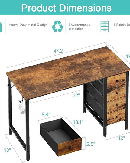 Lufeiya 47 inch Computer Desk with 4 Drawers, Writing Work Study Desk for Home Office Bedroom, Modern Simple Student PC Desks, Rustic Brown - LeafyLoom