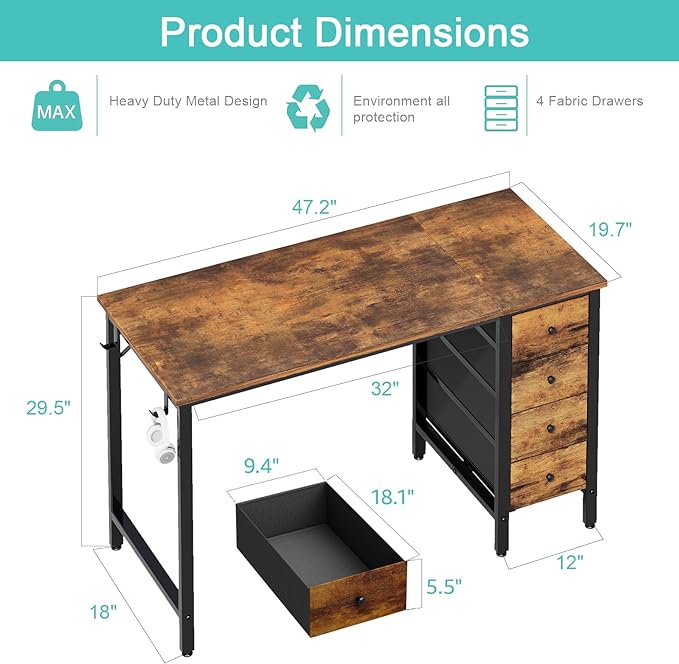 Lufeiya 47 inch Computer Desk with 4 Drawers, Writing Work Study Desk for Home Office Bedroom, Modern Simple Student PC Desks, Rustic Brown - LeafyLoom