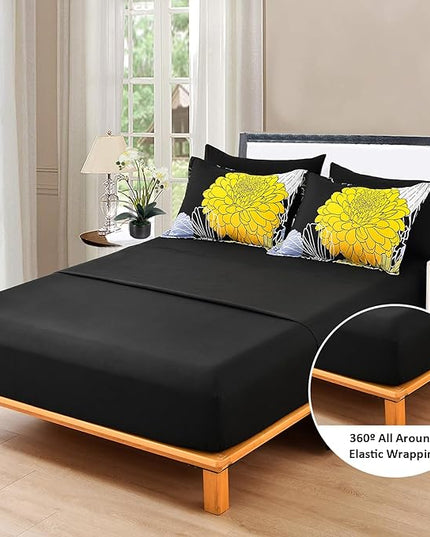 Bed in a Bag Queen Yellow Black Comforter Set 7 Pieces Soft Microfiber Floral Bedding Set with 1 Comforter 1 Flat Sheet 1 Fitted Sheet 2 Pillowshams 2 Pillowcases - LeafyLoom